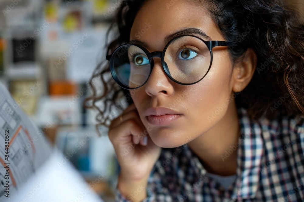 Close-up photo of Latina architect examining blueprints using magnifying glass in new housing development. Close-up photo of Latina architect examining blueprints using magnifying glass in new housing development.