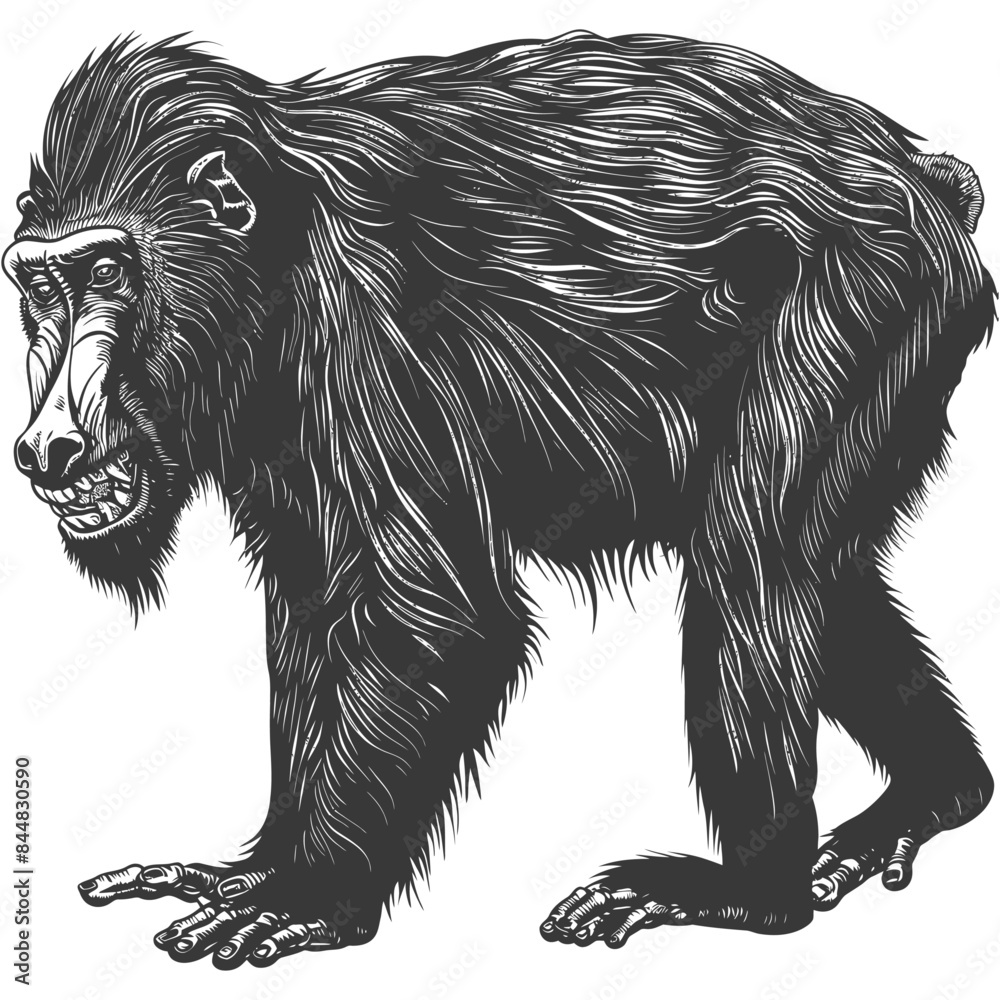 Obraz premium Engraved Baboon: Grinning Primate, Detailed Illustration, Wildlife Art.