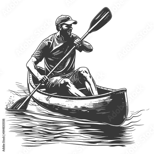 Engraved Canoeist: Bearded Man Paddling Alone, Hand-Drawn Style, Water Adventure.