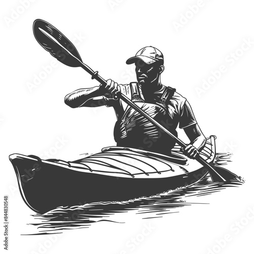 Monochrome Kayaker: Determined Paddler, River Adventure, Graphic Illustration.