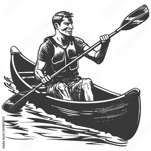 Monochrome Canoeist: Determined man in life vest paddling vigorously, vintage vector style.