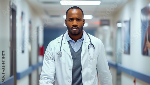A professional doctor in a hospital corridor, wearing a lab coat and stethoscope, symbolizing medical care and healthcare services. photo