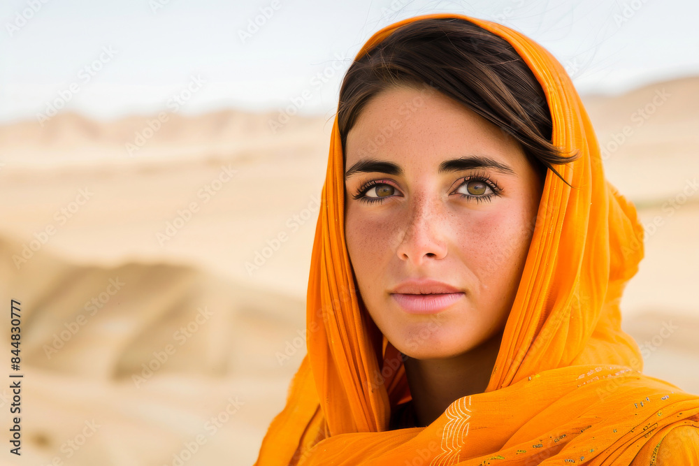 Portrait of a woman wearing a bright orange headscarf, standing in a serene desert landscape with sand dunes in the background. Portrait of a woman wearing a bright orange headscarf, standing in a serene desert landscape with sand dunes in the background.