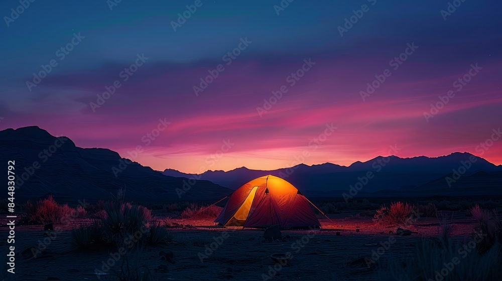Night camping in the desert, mountains silhouetted against a vibrant sunset, deep saturated colors, photo realistic