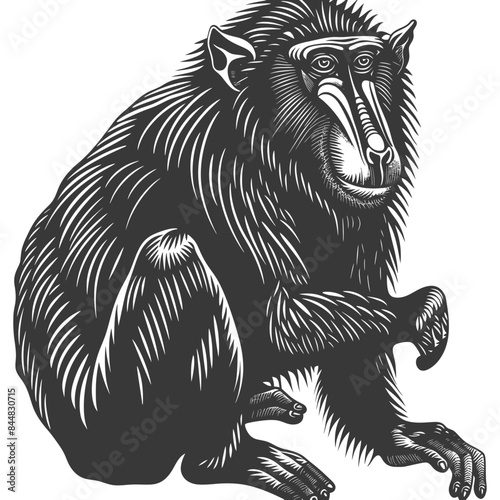 Engraved Mandrill Monkey, Detailed Black and White Illustration, Seated.
