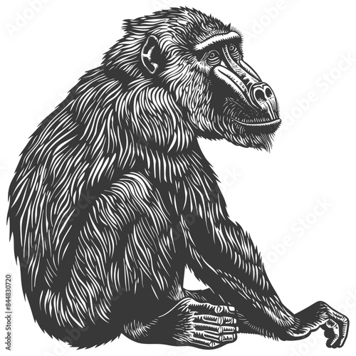 Engraved Mandrill: Detailed Woodcut Style Monkey Portrait, Primate Illustration