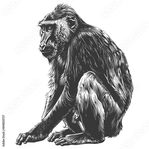 Engraved Macaque: Detailed Illustration of a Pensive Monkey.