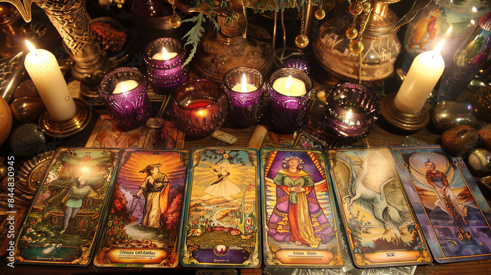 Fototapeta premium Composition with Tarot cards surrounded by items corresponding to their symbolism, such as stars, the moon, keys, and others.
