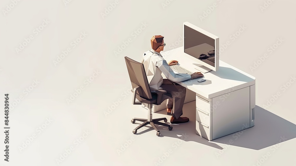 A man is working sitting at a desk in front of a computer monitor. Programmer, trader, designer or other specialist at work. He is focused on his work. Illustration for varied design. A man is working sitting at a desk in front of a computer monitor. Programmer, trader, designer or other specialist at work. He is focused on his work. Illustration for varied design.
