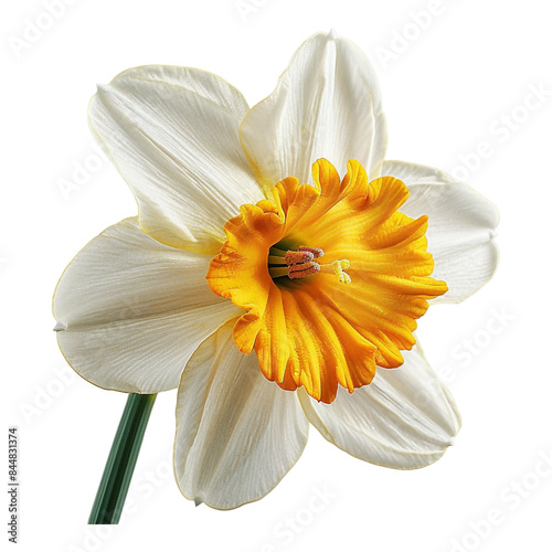 A white narcissus flower, also known as a daffodil, in full bloom with its petals isolated on a white background