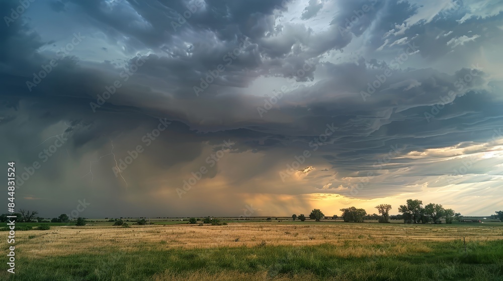 Fototapeta premium Pre-storm sky with dark, threatening clouds and dramatic light breaking through, casting intense shadows