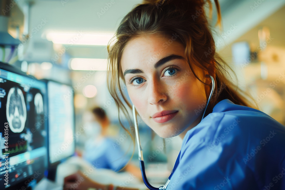 A dedicated nurse working in a modern hospital, using technology to monitor patient health, exemplifying professional care and attention. A dedicated nurse working in a modern hospital, using technology to monitor patient health, exemplifying professional care and attention.