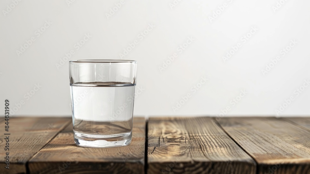 Glass of water on wooden table against white background Glass of water on wooden table against white background