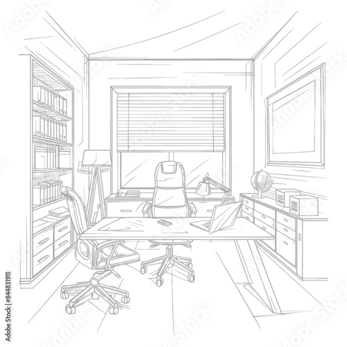 Office Interior Sketch: Desk, Chair, and Window with Blinds.