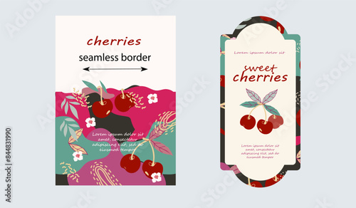 Cherry flavored food, juice and jam packaging label or sticker design template, hand drawn vector illustration. Cherry packaging design element, label or tag.
