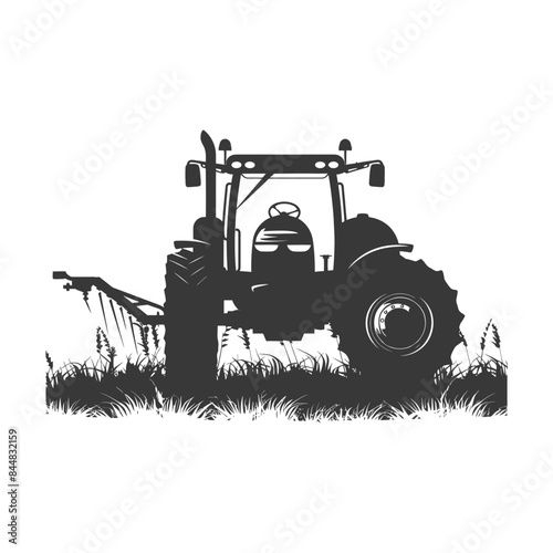 Monochrome Tractor Silhouette: Field Tilling, Farming Equipment, Agricultural Vector.