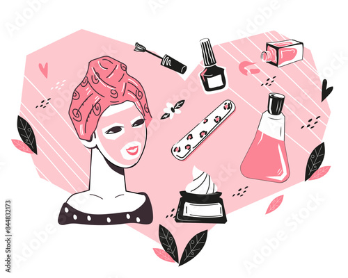 A woman puts on a cosmetic mask and takes care of her facial skin at home. Skin care concept, organic natural cosmetics and Home SPA, flat vector illustration isolated on white background.
