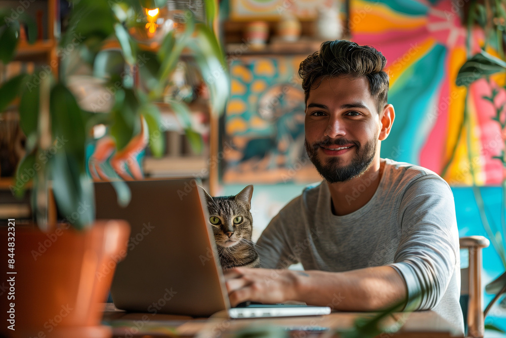 Happy Latino Man Working on Laptop with Cat in Bright and Colorful Home Office