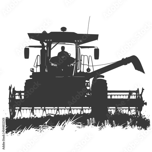 Silhouette of a Combine Harvester at Work, Agriculture Vector Illustration