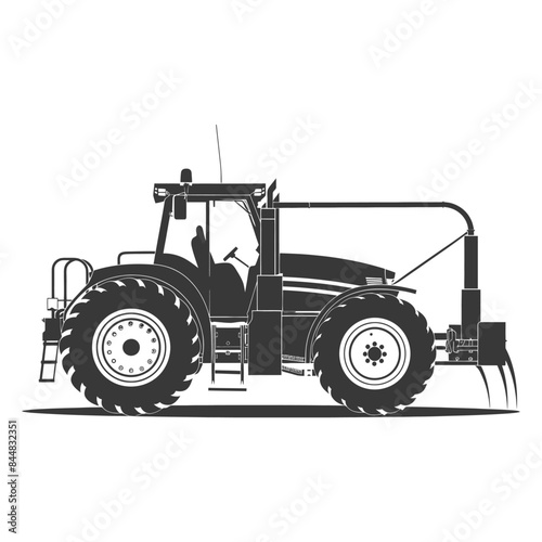 Monochrome Silhouette of Tractor with Attached Farm Equipment.