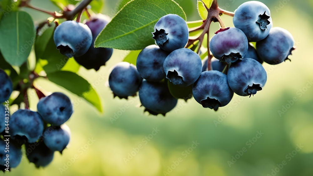 Fototapeta premium Blueberries cluster macro lush greenery soft-focus bokeh blurred backdrop