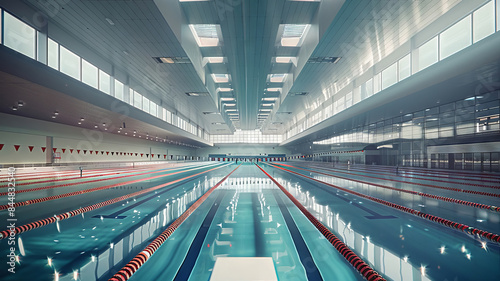 Modern competition swimming pool with numbered starting blocks under roof photo