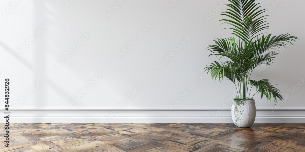 A Palm Plant In A Pot On A Wooden Floor background 