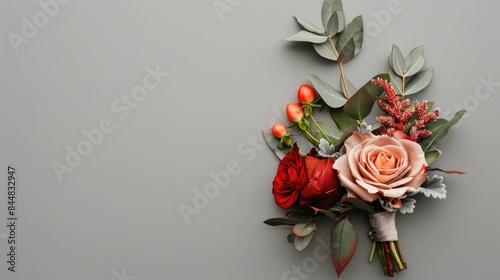 Stylish boutonniere on gray background in flat lay wedding arrangement photo