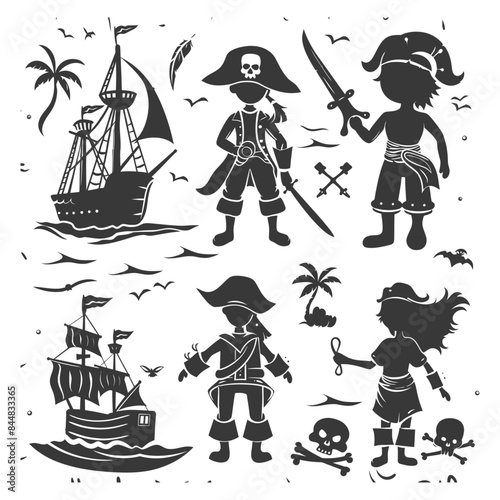 Pirate Silhouettes: Ship, Buccaneers, Treasure Icons, Vintage Nautical Design.