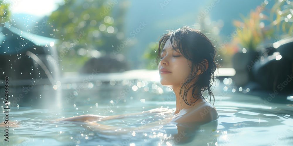 Obraz premium のんびりと山間の露天風呂に入る若い女性