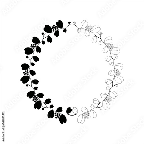 line art illustration and stamp silhouette of a sweetheart hoya plant as a round frame