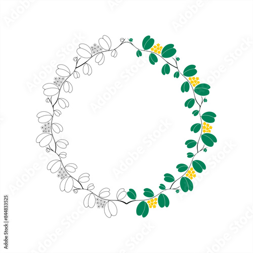 Line art and colorful illustration of a sweetheart hoya plant as a round frame