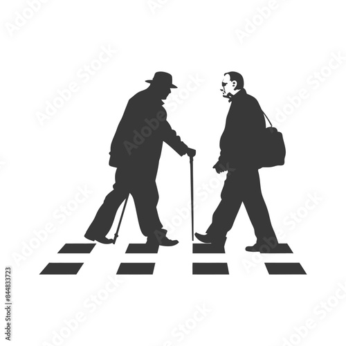 Elderly Man with Cane Meets Younger Man on Crosswalk Silhouette.