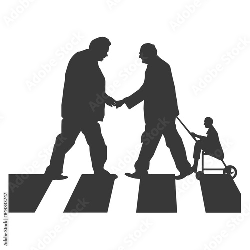 Unequal Crossing: Silhouette of Handshake on Pedestal Above Pushed Wheelchair, Social Inequality Concept.