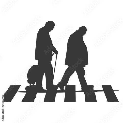 Silhouette Crossing: Elderly Man with Cane & Dog, Companion Across Zebra Stripes.