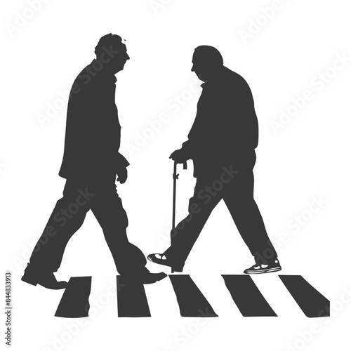 Silhouetted Seniors: Pedestrian Crossing with Cane, Contrasting Steps
