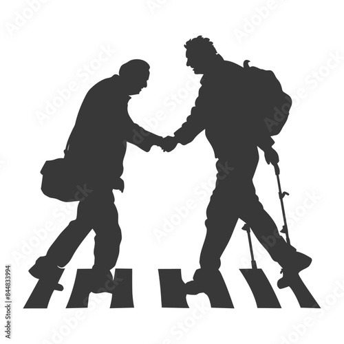 Crosswalk Handshake: Silhouette of Businessman Greeting Hiker, Walking Sticks & Backpack, Pedestrian Crossing.