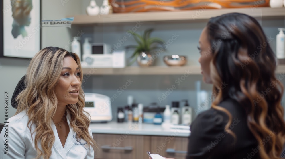 Obraz premium Cosmetologist Reviewing Botox Treatment Plan with Client in Professional Consultation Room