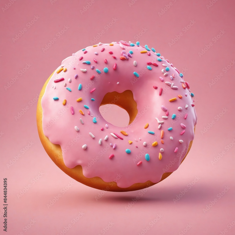 Pink doughnut with frosting and sprinkles on a matching background Pink doughnut with frosting and sprinkles on a matching background