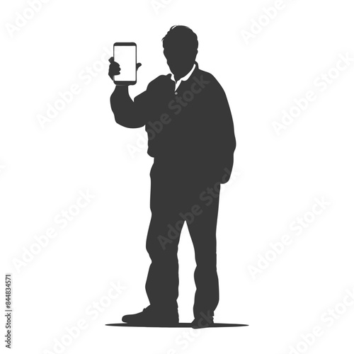 Silhouette of man holding up blank tablet, mockup screen.