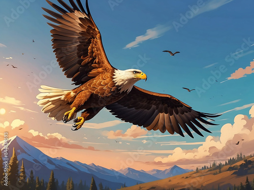 AI Generated. AI Generative. Wild American eagle bird flying in the blue air sky at golden sunset nature outdoor landscape. Graphic Art.. © Saikat