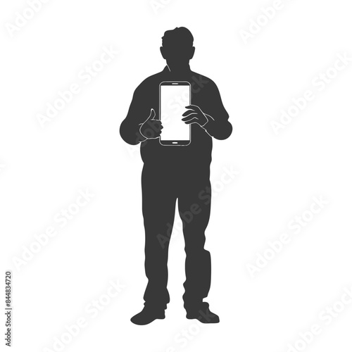 Silhouette of man showing tablet, giving thumbs up.