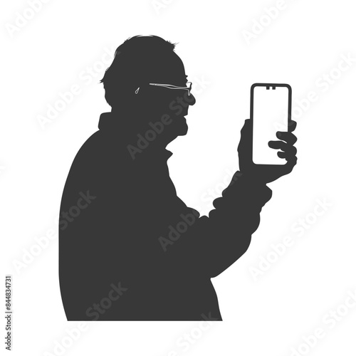 Silhouette of Senior Man with Glasses Holding Up Smartphone.