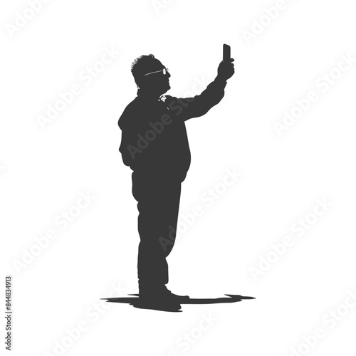 Silhouetted man in glasses taking selfie with smartphone on white.