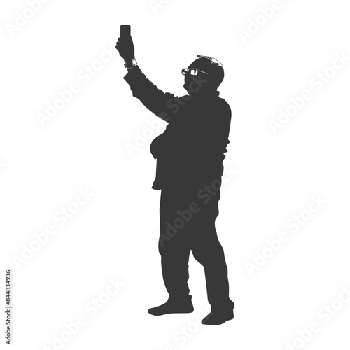 Silhouetted Man in Glasses Taking a Phone Selfie, Arm Raised, Isolated.