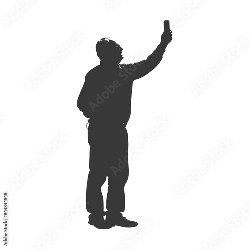 Silhouette: Man Holding Phone Upward, Profile View.