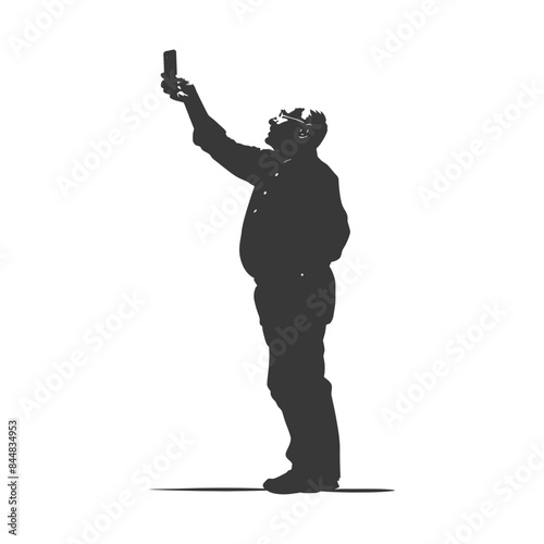 Silhouette of an older man with glasses taking a photo with his phone, isolated.