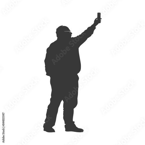 Silhouette Selfie: Overweight Man with Glasses, Arm Extended, Holding Phone Upright.