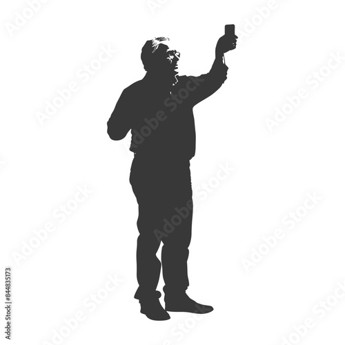 Silhouette of a man taking a selfie, isolated on white.