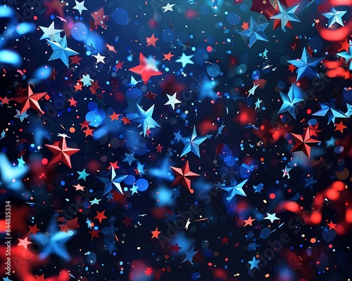 Holiday celebration with American stars confetti  energetic blue and red sparkles illustration 